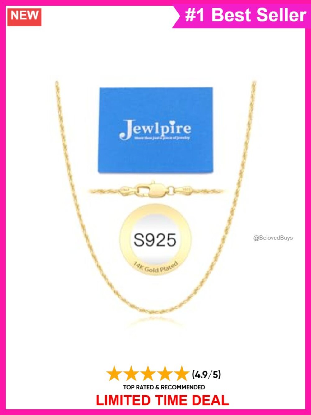 14K Gold Plated 925 Sterling Silver Rope Chain Necklace 2mm Lobster Clasp